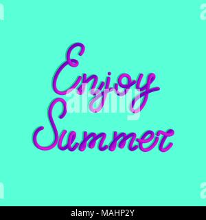 Inscription of Enjoy summer in 3d style. Vector purple lettering of enjoy summer with liquid effect of gradient color in volumetric style. Isolated ob Stock Vector