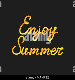 Inscription of Enjoy summer in 3d style. Vector yellow lettering of enjoy summer with liquid effect of gradient color in volumetric style. Isolated ob Stock Vector