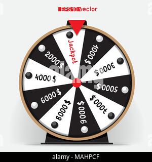 Black and white ten segmentation fortune wheel lottery object. Gamble jackpot prize spin with shadow. Round drum casino money game Stock Vector