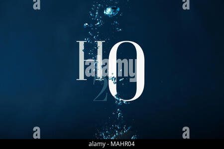 h2o chemistry symbol and bubbles in water background Stock Photo