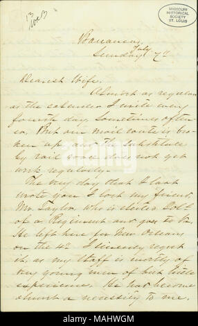 Regarding general war news. Briefly mentions the health of the troops. Title: Letter signed Braxton, Barrancas, Florida, to his wife, July 7, [1861]  . 7 July 1861. Bragg, Braxton, 1817-1876 Stock Photo