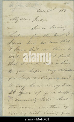 Expresses sorrow upon hearing of Long's suffering. Discusses the possibility of selling his [Grant's] farm. States that he is departing soon for Cuba and Mexico, and suggests that Gen. Harney should join him there. Title: Letter signed U.S. Grant to Judge [John F. Long], December 25, 1879  . 25 December 1879. Grant, Ulysses S. (Ulysses Simpson), 1822-1885 Stock Photo