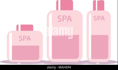 Set of cosmetic bottles in flat style. Soap, shampoo, lotion pink bottles. Vector illustration Stock Vector
