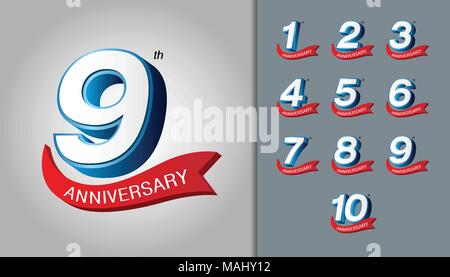 Set of anniversary logotype. Modern anniversary celebration emblem with red ribbon. Design for booklet, leaflet, magazine, brochure poster, web, invit Stock Vector