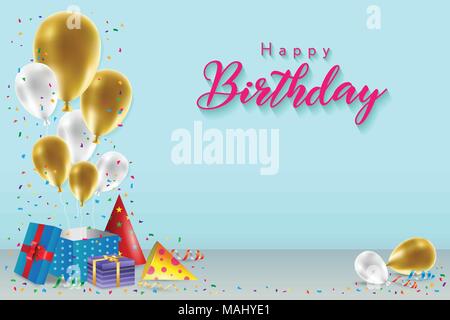 Happy Birthday background template with balloons, gift boxes and confetti. Design for poster, banner, graphic template, birthday card, greeting or inv Stock Vector