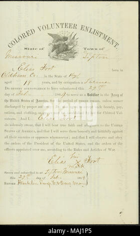 Enlists Fort, formerly a slave of William Mayo of Cooper County, Missouri, in the Army of the United States of America. Title: Colored volunteer enlistment of Elias Fort, sworn and subscribed to at Tipton, Missouri, February 29, 1864  . 29 February 1864. Swap, Franklin Stock Photo