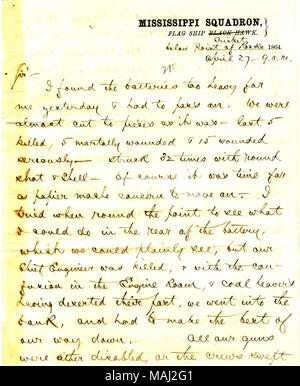 Reports on attack against the U. S. S. Cricket on the Red River with a brief mention of casualties. Title: Letter from David D. Porter, U. S. S. Cricket, below Point of Rocks, to Seth Ledyard Phelps, U. S. S. Fort Hindman, April 27, 1864  . 27 April 1864. Porter, David D. (David Dixon), 1813-1891 Stock Photo