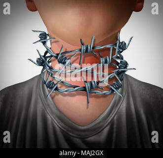 Sore throat pain medical concept as a human neck wrapped with barbed wire as a painful health problem symbol in a 3D illustration style. Stock Photo