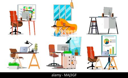 Office Workplace Interior Set Vector. Interior Of The Office Room, Creative Developer Studio. PC, Computer, Laptop, Table, Chair. Isolated Flat Illustration Stock Vector