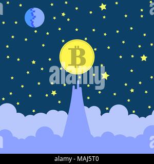 Yellow Bitcoin Icon on Blue Sky Background Stock Vector