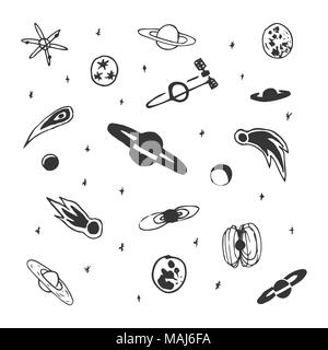 Vector set of hand drawn space object - planet, comet, moon, star. Astronomy doodles Stock Vector