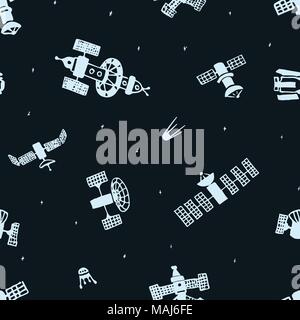 Vector seamless hand drawn space background from space satellite and star. Doodle space pattern on dark background Stock Vector
