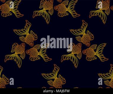 Vector seamless pattern from golden goldfish on dark background. Fish background Stock Vector