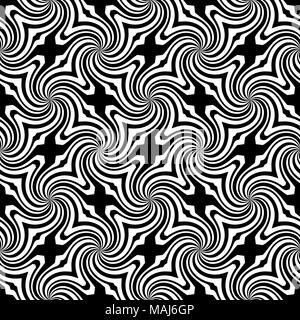 Vector sunburst seamless pattern with swirl and geometric wave. Abstract black seamless pattern on white background Stock Vector