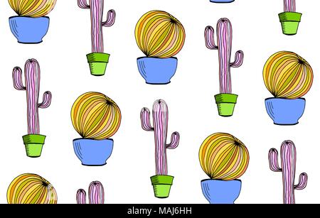 Vector cactus background. Seamless pattern with cactus in pot. Cartoon hand drawn cactus on white background Stock Vector