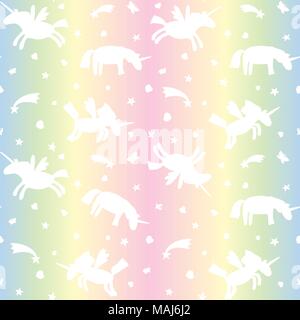 Vector illustration of seamless pattern from white unicorns silhouette on rainbow background. Cartoon unicorn texture Stock Vector