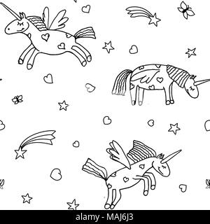 Vector illustration of seamless pattern from cartoon unicorns. Coloring page book for children. Cute background Stock Vector