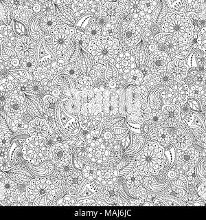 Vector seamless pattern from doodle floral elements -flowers, paisley, leave. Floral coloring page book background anti stress for adult Stock Vector