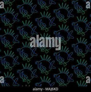 Vector seamless pattern from continuous line drawing fish on black background Stock Vector