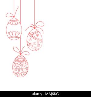 Vector Easter invitation card from three doodle Easter eggs. Hand drawing Easter template from red eggs Stock Vector