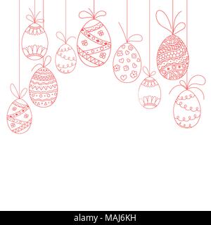Vector Easter invitation card from three doodle Easter eggs. Hand drawing Easter template from red eggs Stock Vector