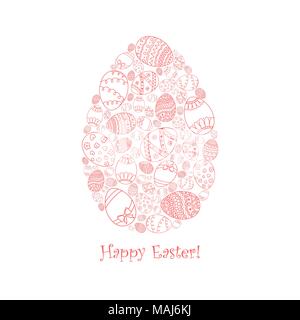 Vector easter invitation card of egg shape from red doodle Easter  egg with Happy Easter text lettering. Stock Vector