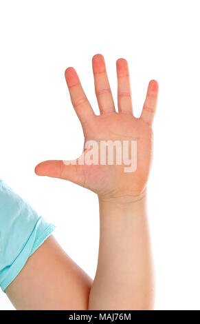 Hand of a boy showing his five fingers isolated on a white background Stock Photo