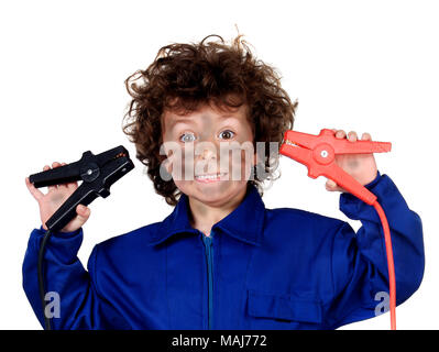 Funny child with a electric problem. Be carefully Stock Photo