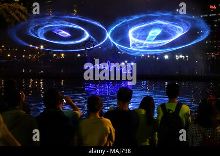 KAOHSIUNG, TAIWAN -- MARCH 2, 2018: A laser light show is on display on the Love River during the 2018 Lantern Festival to welcome the Year of the Dog Stock Photo