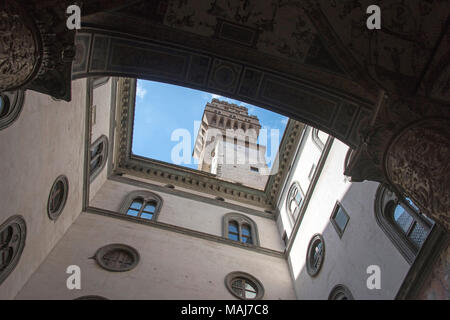 Looking up from the first courtyard in the Palazzo Vecchio, Florence. Stock Photo