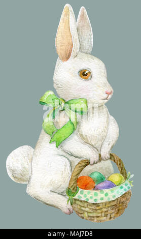 watercolor Easter Bunny with a basket of colored Easter eggs. Sticker or design  illustration aquarelle. isolated clipping path. Stock Photo