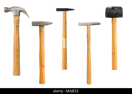 collection of different old hammers, isolated on white Stock Photo