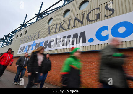 Fans arrive prior to kick off for the Betfred Super League match at the Select Security Stadium in Widnes, between Widnes Vikings and St Helens. Stock Photo