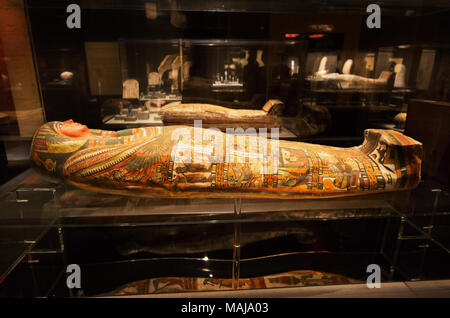 Ancient egyptian mummy case of Bakenrenes, from third intermediate period, Dynasty 25, from Ancient Egypt; in Houston Museum of Natural Science, Texas Stock Photo