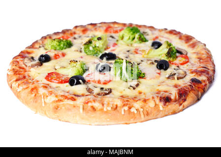 Vegetable pizza, isolated on white background.High angle view of a vegetarian pizza with mushrooms, fresh tomatoes, olives, broccoli and cheese. Stock Photo