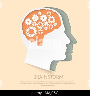 Man  head with   gears as a symbol work of brain. Stock Vector