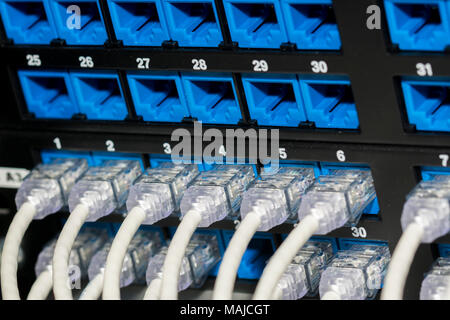 Network cables and servers in a technology data center  Network cables in switch Stock Photo