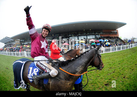 Jockey J J Slevin on board General Principle, celebrates after winning the Boylesports Irish Grand National Chase, during BoyleSports Irish Grand National Day of the 2018 Easter Festival at Fairyhouse Racecourse, Ratoath, Co. Meath. Stock Photo