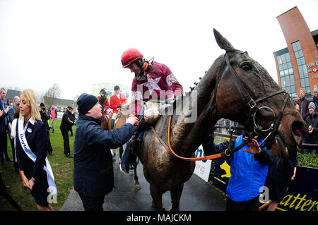 Jockey J J Slevin on board General Principle, celebrates after winning the Boylesports Irish Grand National Chase, during BoyleSports Irish Grand National Day of the 2018 Easter Festival at Fairyhouse Racecourse, Ratoath, Co. Meath. Stock Photo