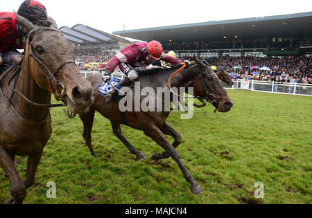 Jockey J J Slevin on board General Principle, (second left) on the way to winning the Boylesports Irish Grand National Chase, during BoyleSports Irish Grand National Day of the 2018 Easter Festival at Fairyhouse Racecourse, Ratoath, Co. Meath. Stock Photo