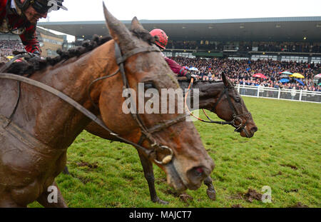 Jockey J J Slevin on board General Principle, (second left) on the way to winning the Boylesports Irish Grand National Chase, during BoyleSports Irish Grand National Day of the 2018 Easter Festival at Fairyhouse Racecourse, Ratoath, Co. Meath. Stock Photo