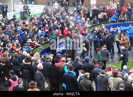 Jockey J J Slevin on board General Principle, celebrates after winning the Boylesports Irish Grand National Chase, during BoyleSports Irish Grand National Day of the 2018 Easter Festival at Fairyhouse Racecourse, Ratoath, Co. Meath. Stock Photo