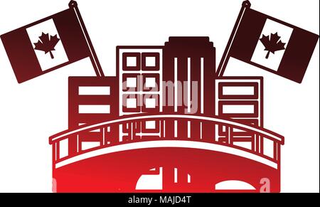 cityscape with bridge and canadian flags vector illustration design Stock Vector