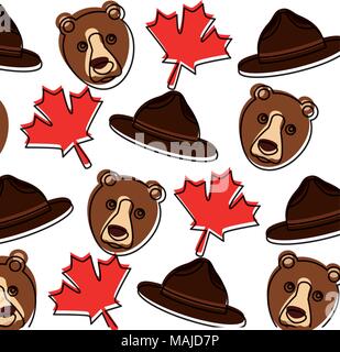 grizzly bear and maple leafs pattern background vector illustration design Stock Vector