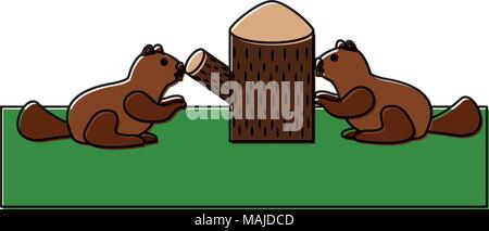 beavers with trunk tree scene vector illustration design Stock Vector