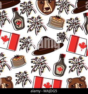 canadian flag and bear with hat pattern vector illustration design Stock Vector
