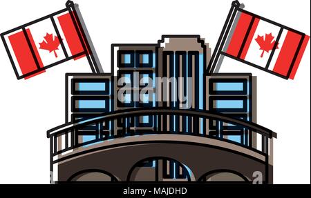 cityscape with bridge and canadian flags vector illustration design Stock Vector