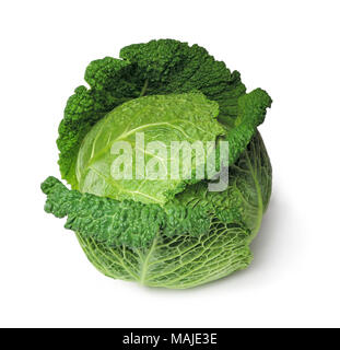 Raw savoy cabbage, isolated on white background. Whole, ripe cabbage, dieting vegetable, healthy eating. Stock Photo