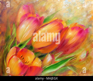 Vintage red tulips Oil painting. Stock Photo