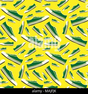 green sneakers of different sizes on a yellow background, seamless pattern Stock Vector